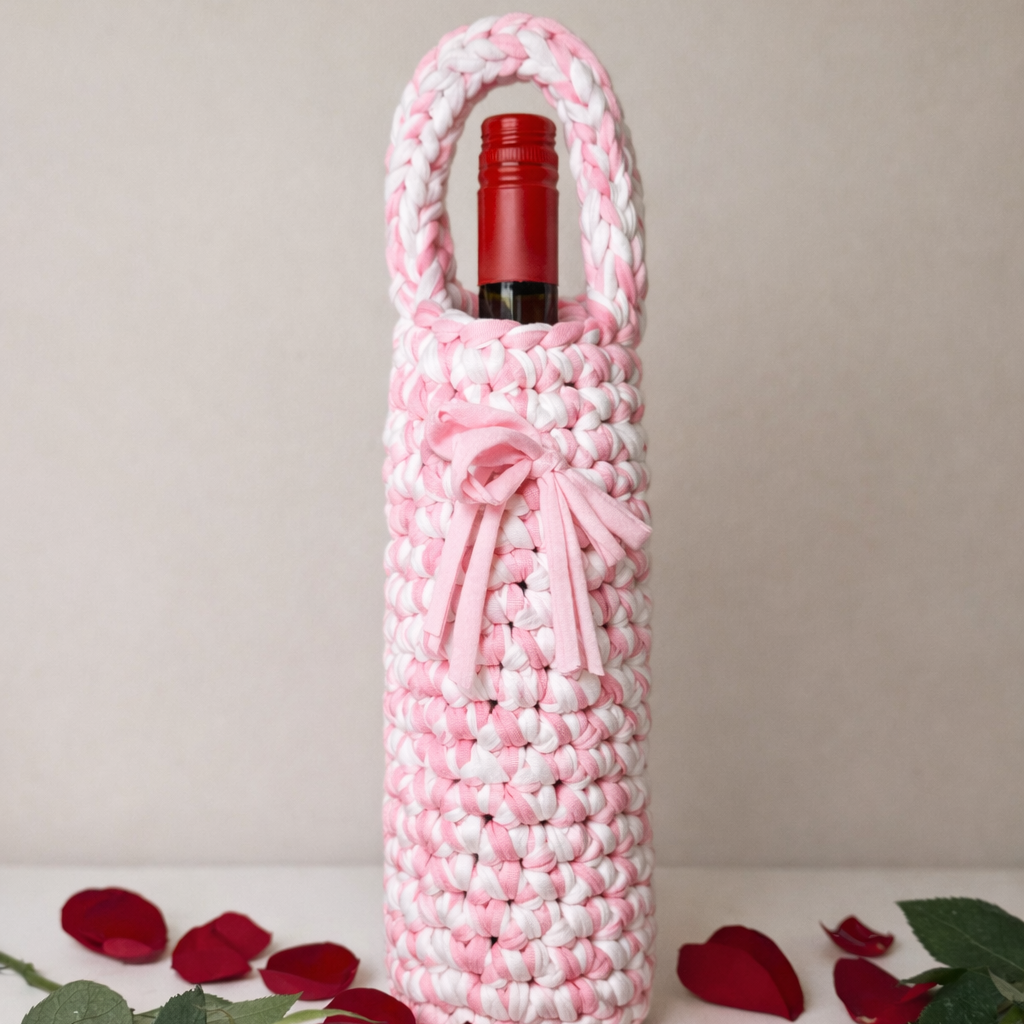 Handmade crochet wine bottle carrier