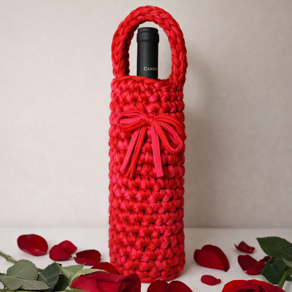 Handmade crochet wine bottle carrier